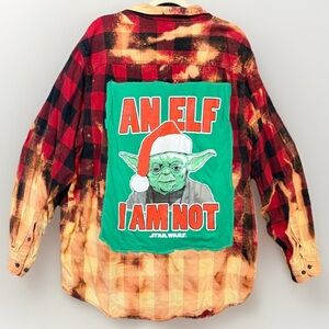 Reworked Bleached Buffalo Plaid Flannel Shirt Upcycled Yoda Patch Oversize 2XLT